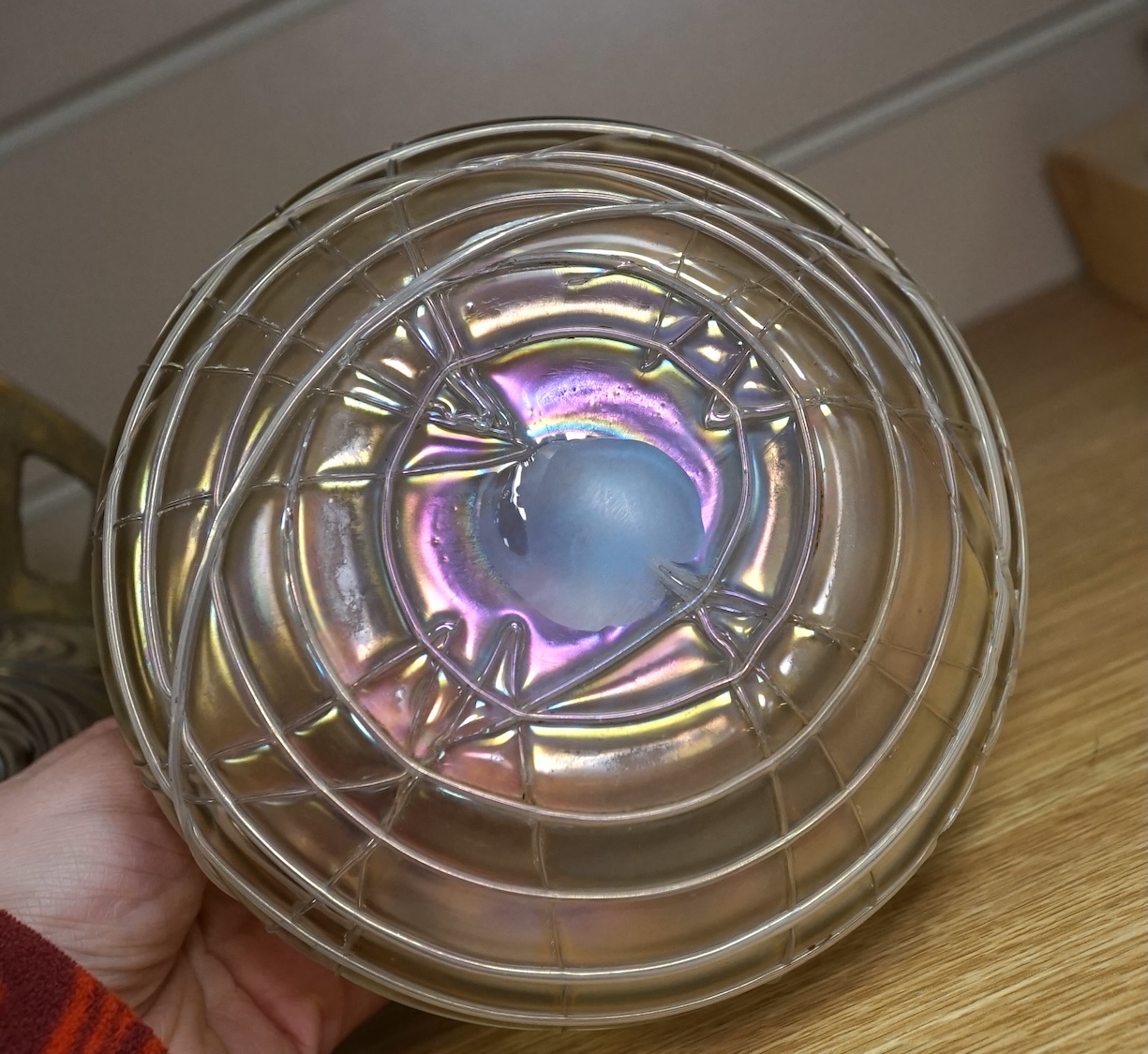 An Otto Tham iridescent glass centrepiece on brass stand, probably designed by Friedrich Wilhelm Heckert and two Pallme König glass vases, centrepiece 20cm diameter not including stand. Condition - good